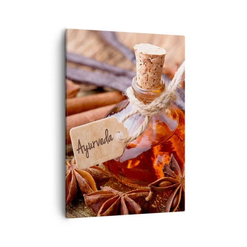 Obraz na płótnie - Butelka z olejkiem ajurwedyjskim, cynamon i anyż na rustykalnym tle - 50x70cm - Ku jedności ciała i ducha - Nowoczesna dekoracja ścienna do salonu, kuchni i sypialni ARTTOR