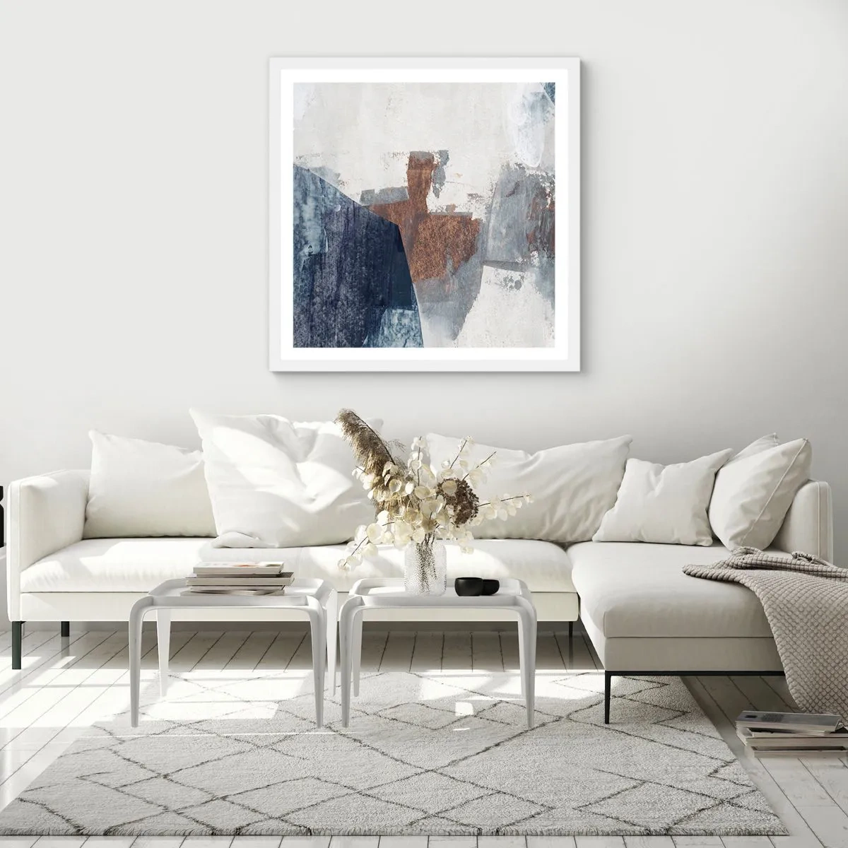 Plakat w białej ramie - Błękitno-brunatne kształty - 40x40 cm