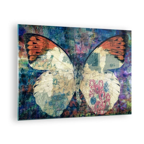 Obraz na szkle - Kolorowy motyl na abstrakcyjnym tle w odcieniach niebieskiego i pomarańczowego - 70x50cm - Subtelna kruchość - Nowoczesna dekoracja ścienna do salonu i sypialni ARTTOR