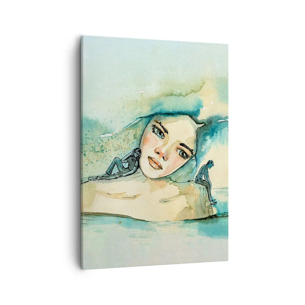 Obraz na płótnie - Portret kobiety w stylu akwarelowym w odcieniach błękitu i beżu - 50x70cm - Am I blue? - Nowoczesna dekoracja ścienna do salonu, kuchni i sypialni ARTTOR