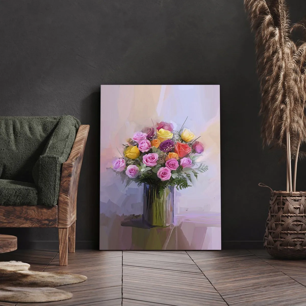 Obraz na płótnie - Bukiet kolorowych róż w szklanym wazonie na tle pastelowych barw - 50x70cm - Zatrzymane piękno - Nowoczesna dekoracja ścienna do salonu, kuchni i sypialni ARTTOR