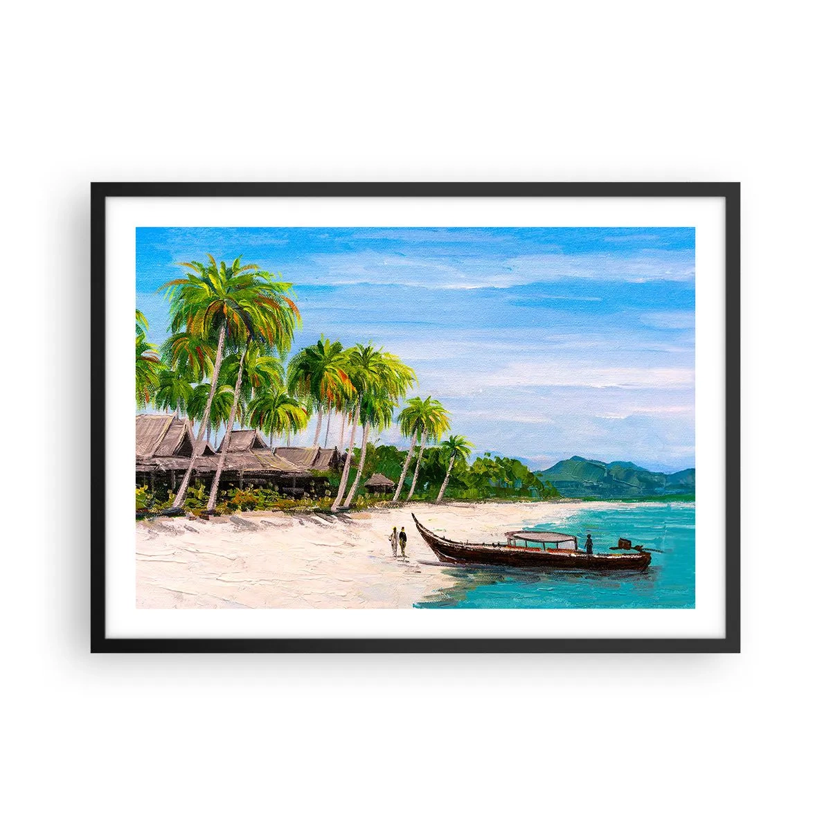 Plakat w czarnej ramie - Egzotyczna plaża z palmami i łodzią przy brzegu - 70x50cm - Egzotyczny sen - Nowoczesna dekoracja ścienna do salonu i sypialni ARTTOR