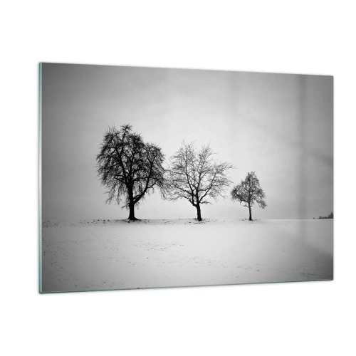 Obraz na szkle - Trzy samotne drzewa na ośnieżonej przestrzeni - 120x80cm - O czym śnią? - Nowoczesna dekoracja ścienna do salonu, kuchni i sypialni ARTTOR