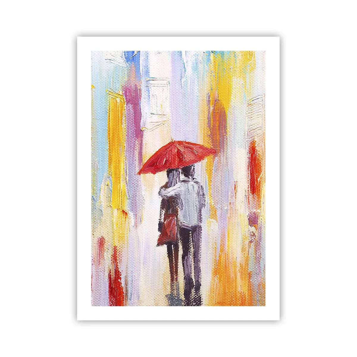 Plakat - Romantyczna scena z parą pod czerwoną parasolką na tle miasta - 50x70cm - Niech pada dalej - Nowoczesna dekoracja ścienna do salonu, kuchni i sypialni ARTTOR
