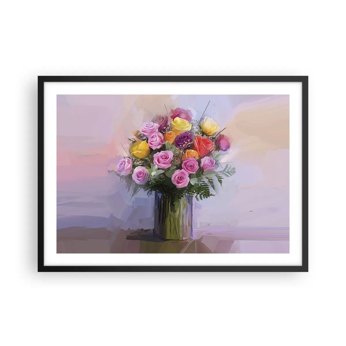 Plakat w czarnej ramie - Bukiet kolorowych róż w szklanym wazonie - 70x50cm - Zatrzymane piękno - Nowoczesna dekoracja ścienna do salonu i sypialni ARTTOR