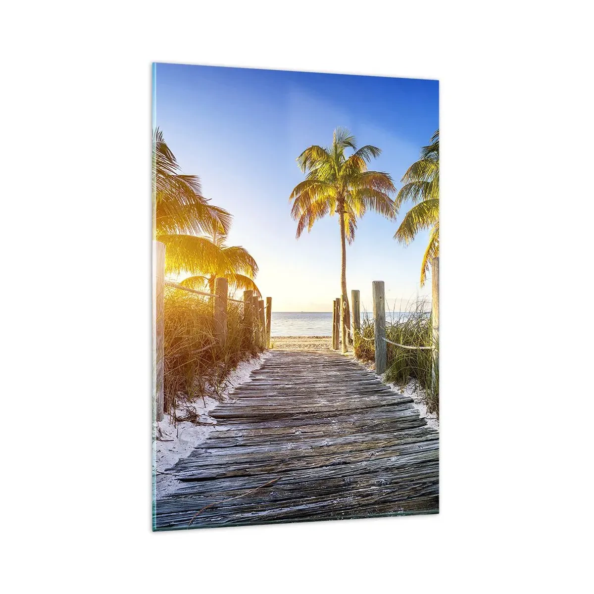 Obraz na szkle - Drewniana ścieżka na plaży z palmami w tle - 80x120cm - Prosto do raju - Nowoczesna dekoracja ścienna do salonu i sypialni ARTTOR