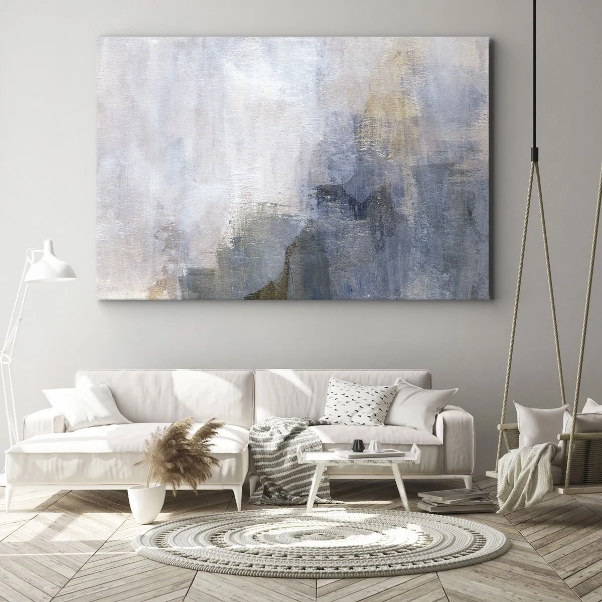 Obraz na płótnie - Subtelne abstrakcyjne plamy w odcieniach błękitu i beżu - 70x50cm - Tony i akordy barw - Nowoczesna dekoracja ścienna do salonu i sypialni ARTTOR