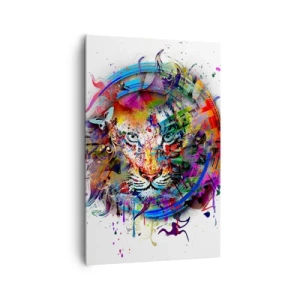 Obraz na płótnie - Kolorowy portret lwa w abstrakcyjnym stylu - 80x120cm - Czai się za tęczową zasłoną - Nowoczesna dekoracja ścienna do salonu i sypialni ARTTOR