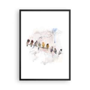 Plakat w czarnej ramie - Ptaki siedzące na gałęzi w akwarelowym stylu - 50x70cm - Skrzydlate spotkanie - Nowoczesna dekoracja ścienna do salonu i sypialni ARTTOR