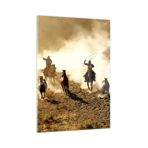 Obraz na szkle - Kowboje na koniach w kurzu podczas rodeo - 50x70cm - Naprawdę dziki zachód - Nowoczesna dekoracja ścienna do salonu, kuchni i sypialni ARTTOR