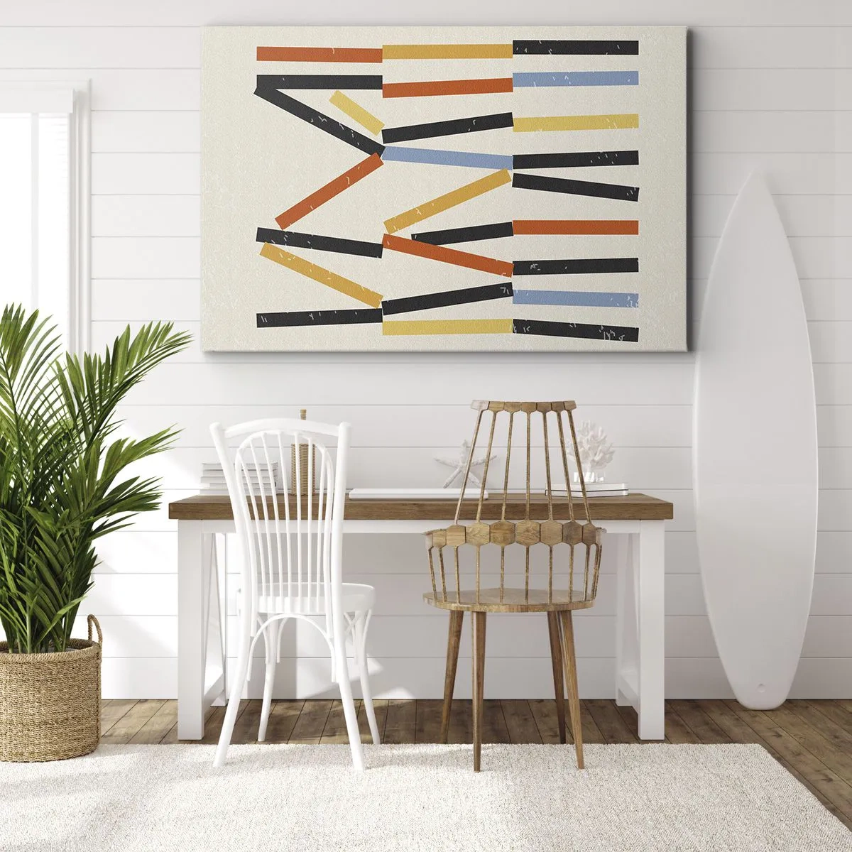 Obraz na płótnie - Abstrakcyjna kompozycja z kolorowymi i czarnymi prostokątami w układzie poziomym - 70x50cm - Kompozycja na poziomie - Nowoczesna dekoracja ścienna do salonu i sypialni ARTTOR