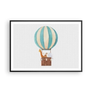 Plakat w czarnej ramie - Balon z uroczymi zwierzętami w pastelowych barwach - 100x70cm - Fantastyczna wycieczka - Nowoczesna dekoracja ścienna do salonu i sypialni ARTTOR