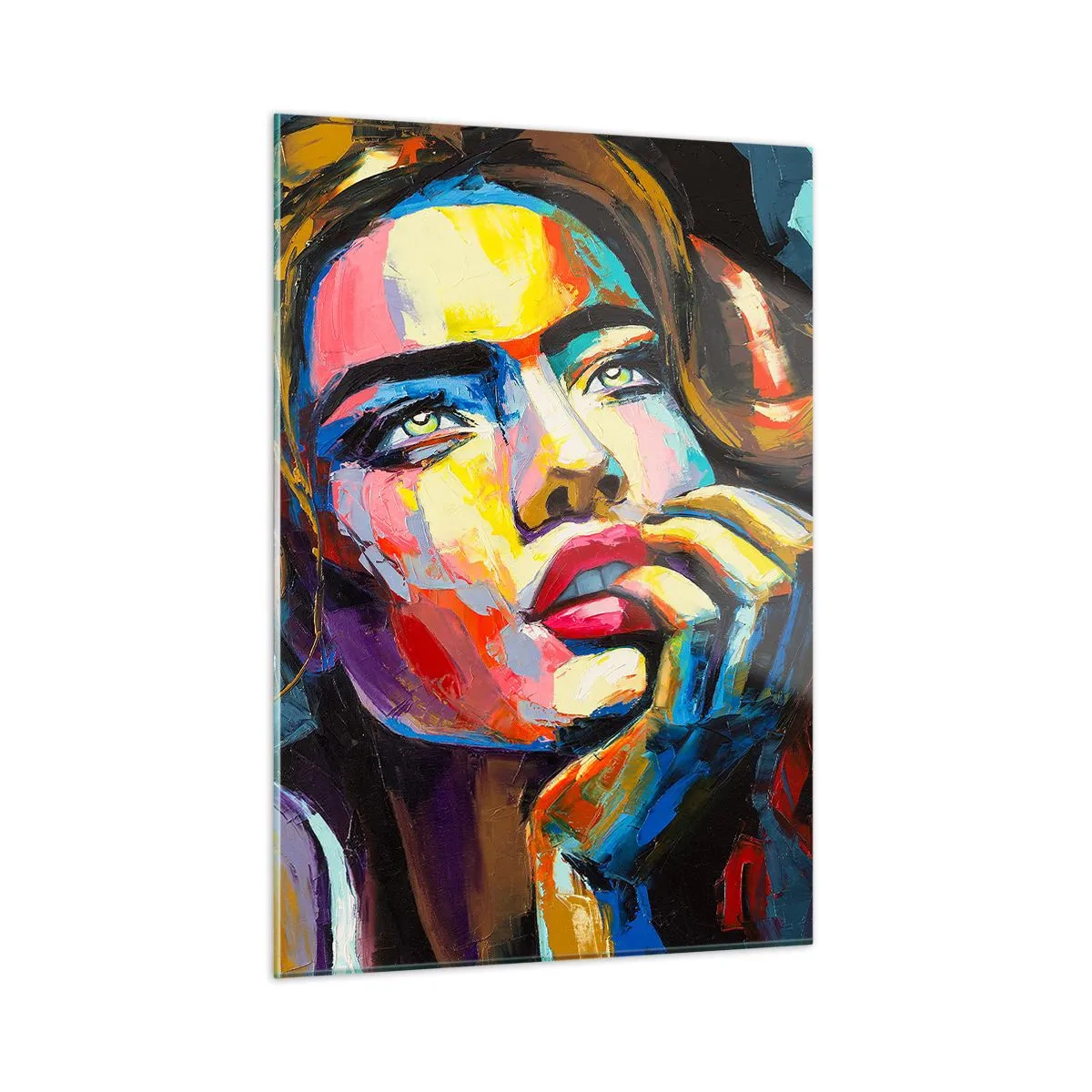 Obraz na szkle - Portret kobiety w intensywnych kolorach abstrakcji - 50x70cm - Marzenia jak ptaki szybują po niebie - Nowoczesna dekoracja ścienna do salonu, kuchni i sypialni ARTTOR