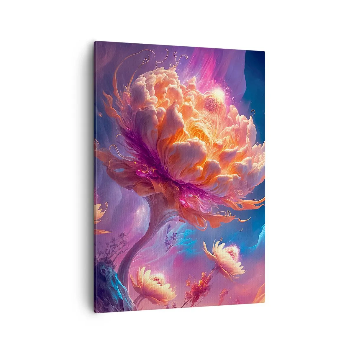 Obraz na płótnie - Fantastyczne drzewo w kształcie rozkwitającego kwiatu na tle baśniowego krajobrazu - 50x70cm - Inny świat - Nowoczesna dekoracja ścienna do salonu, kuchni i sypialni ARTTOR