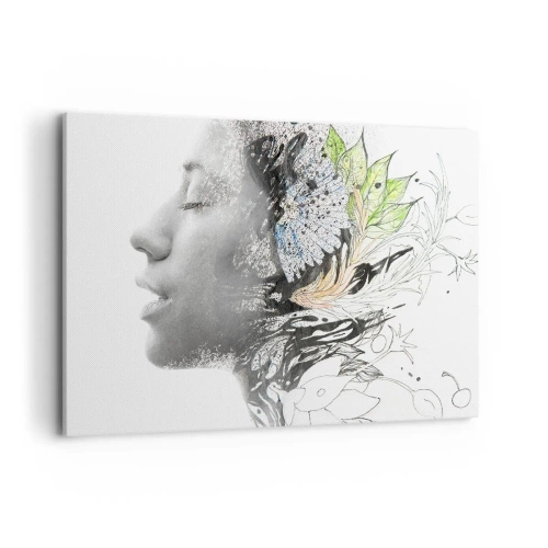 Obraz na płótnie - Profil kobiety w artystycznym kolażu natury i czerni - 100x70cm - Zanurzona w naturze - Nowoczesna dekoracja ścienna do salonu, kuchni i sypialni ARTTOR