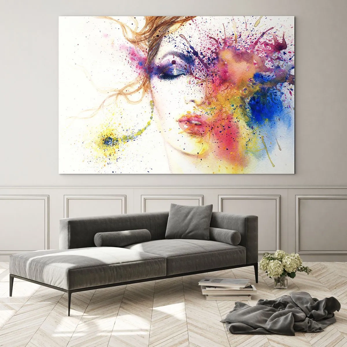Obraz na szkle - Abstrakcyjny portret kobiety z tęczowymi rozbryzgami farby - 70x50cm - Tęczowy zawrót głowy - Nowoczesna dekoracja ścienna do salonu i sypialni ARTTOR