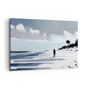 Obraz na płótnie - Samotna postać spacerująca po pustej plaży - 100x70cm - Sam na sam - Nowoczesna dekoracja ścienna do salonu, kuchni i sypialni ARTTOR