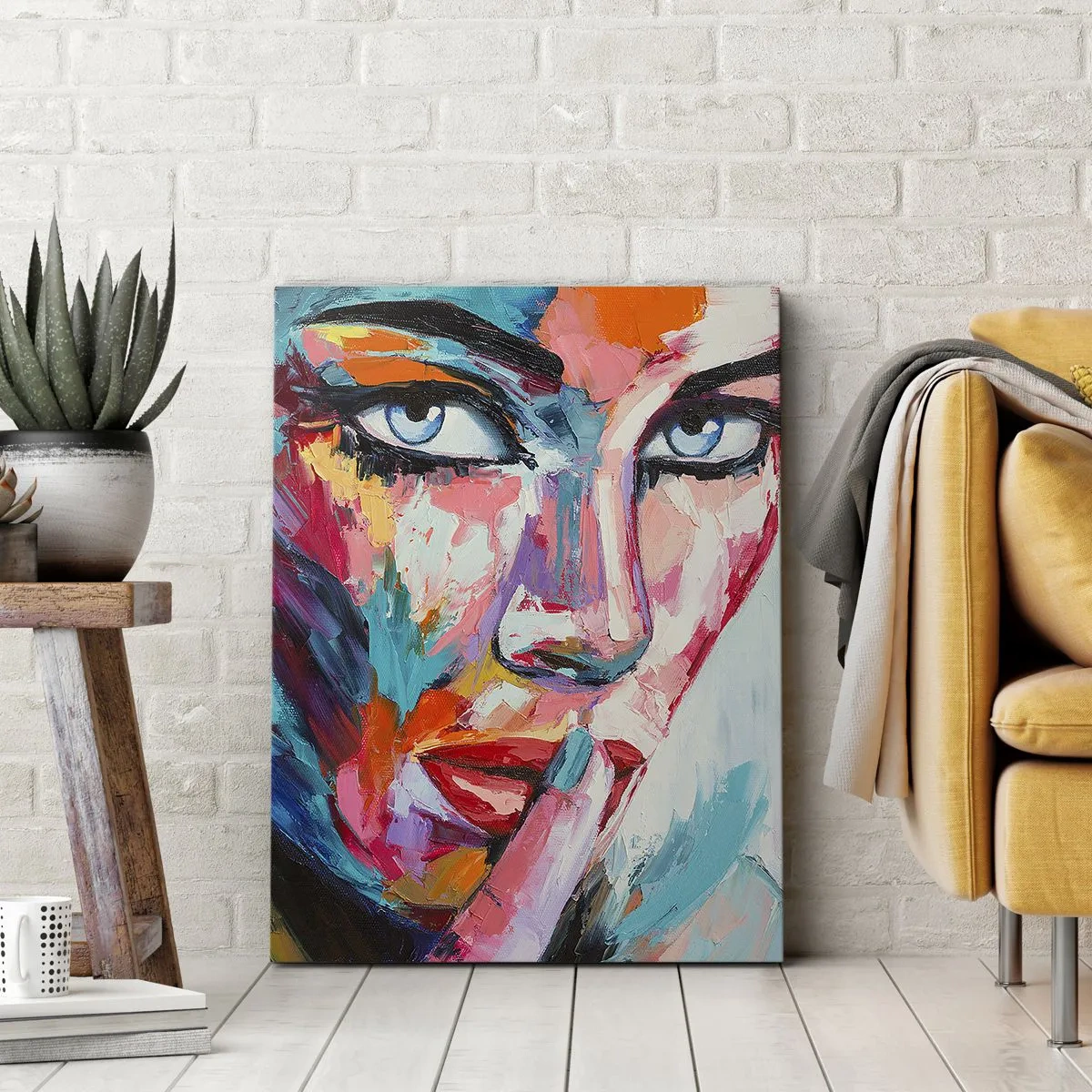 Obraz na płótnie - Kolorowy portret kobiety w stylu abstrakcyjnym - 80x120cm - Nasza pierwsza tajemnica - Nowoczesna dekoracja ścienna do salonu i sypialni ARTTOR