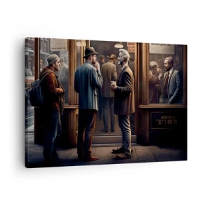 Obraz na płótnie - Scena uliczna z ludźmi przed kawiarnią w stylu retro - 70x50cm - Dobra chwila dnia - Nowoczesna dekoracja ścienna do salonu i sypialni ARTTOR
