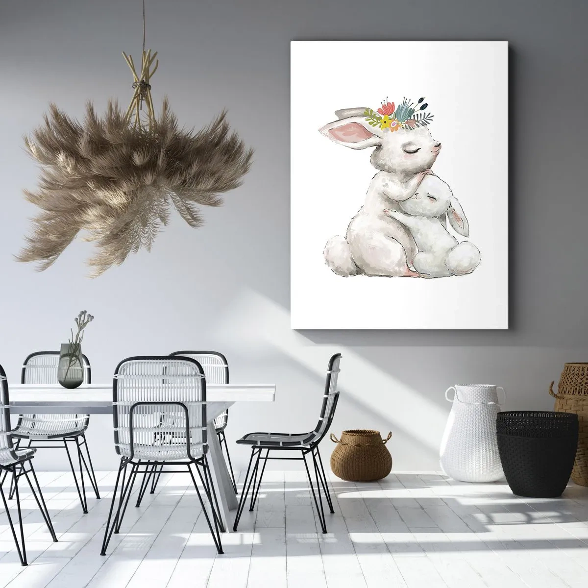 Obraz na płótnie - Dwa urocze króliki przytulające się, w stylu akwarelowym - 50x70cm - Nie ma jak u mamy - Nowoczesna dekoracja ścienna do salonu, kuchni i sypialni ARTTOR