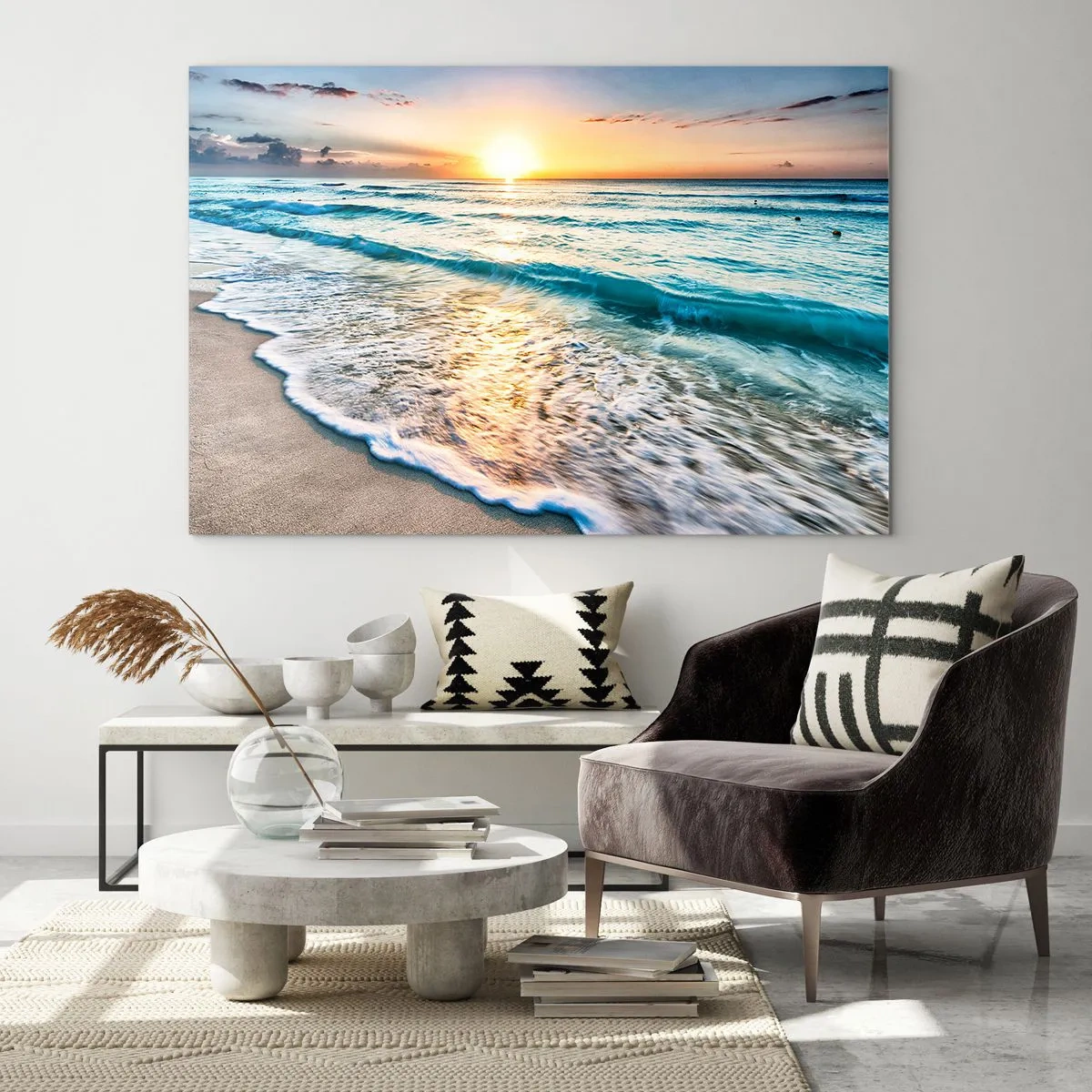 Obraz na szkle - Plaża o poranku z falami i wschodem słońca - 70x50cm - Widok wart zachodu - Nowoczesna dekoracja ścienna do salonu i sypialni ARTTOR