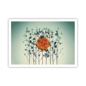 Plakat - Pomarańczowe słońce wśród bambusowych gałęzi - 100x70cm - Japońskie słońce - Nowoczesna dekoracja ścienna do salonu i sypialni ARTTOR