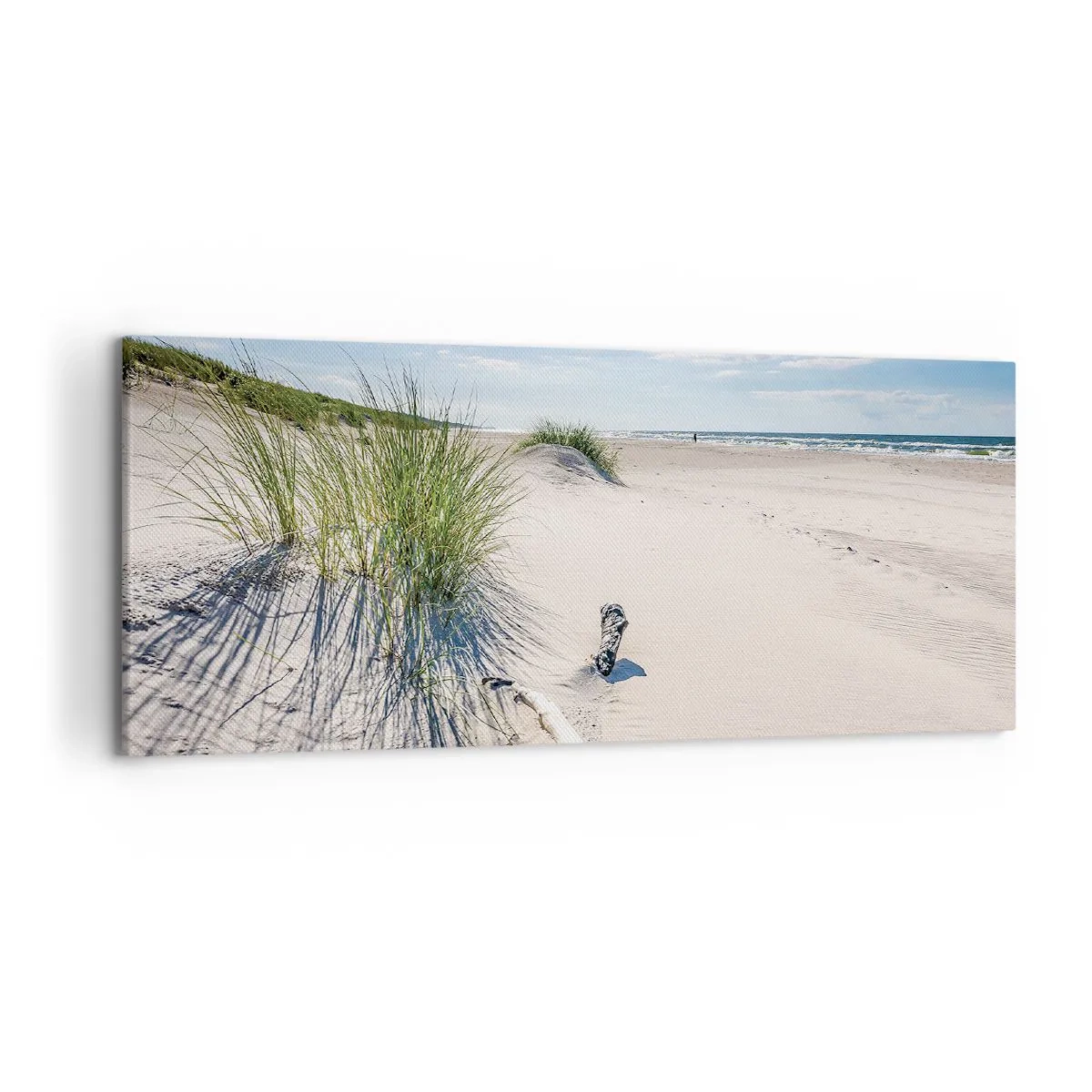 Obraz na płótnie - Bałtycka plaża z piaskiem, trawami i spokojnym błękitnym niebem - 120x50cm - Najpiękniejsza? Bałtycka - Nowoczesna dekoracja ścienna do salonu i sypialni ARTTOR