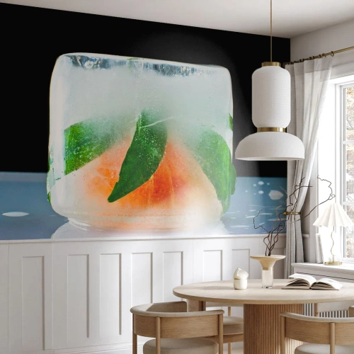Fototapeta Samoprzylepna Deluxe Sticker - Świeżość i ochłoda - Kostka Lodu, Pomarańcza, Liść Mięty - 500x350 cm