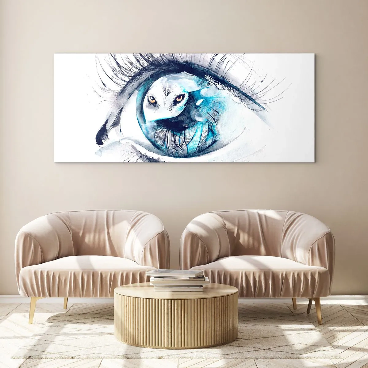 Obraz na szkle - Oko z wizerunkiem sowy w akwarelowych odcieniach niebieskiego - 140x50cm - Oko w oko z dzikością - Nowoczesna dekoracja ścienna do salonu i sypialni ARTTOR