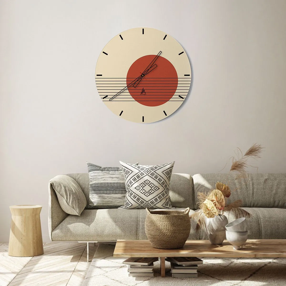 Zegar ścienny - Geometryczny motyw z pomarańczowym kołem i czarnymi liniami - 30x30cm - W koło i dalej - Nowoczesna dekoracja ścienna do salonu, kuchni i sypialni ARTTOR