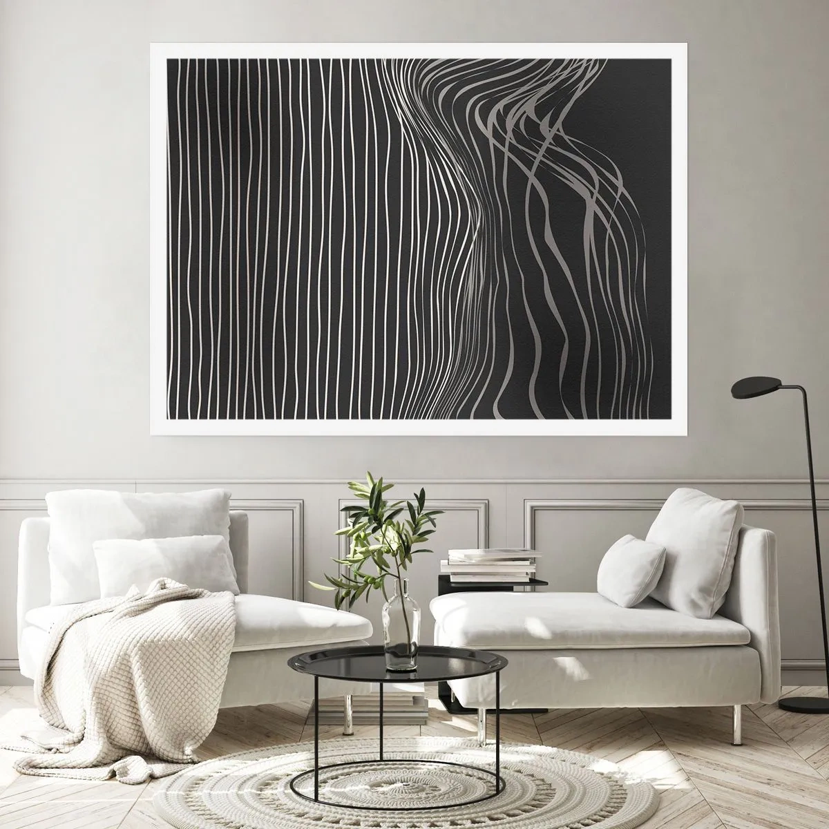 Plakat - Białe linie na ciemnoszarym tle w abstrakcyjnym układzie - 100x70cm - Rytm i akcent - Nowoczesna dekoracja ścienna do salonu i sypialni ARTTOR