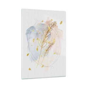 Obraz na szkle - Delikatna kompozycja z gałązkami i złotymi liśćmi na akwareli - 50x70cm - Złoty podmuch - Nowoczesna dekoracja ścienna do salonu, kuchni i sypialni ARTTOR