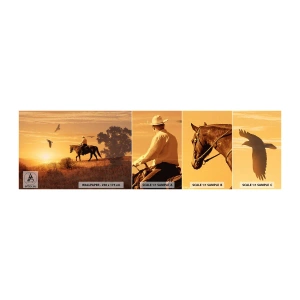 Fototapeta Próbka Samoprzylepna Deluxe Sticker - Samotnie przez prerię - Koń, Kowboj, Krajobraz - 100x30 cm