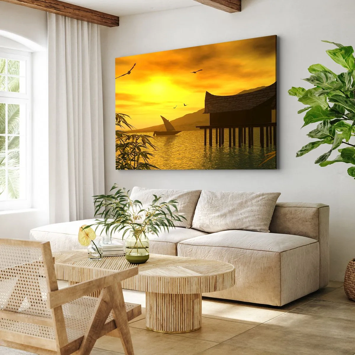 Obraz na płótnie - Tropikalny zachód słońca nad wodą z drewnianym domkiem na palach. - 70x50cm - Upragniony spokój - Nowoczesna dekoracja ścienna do salonu i sypialni ARTTOR