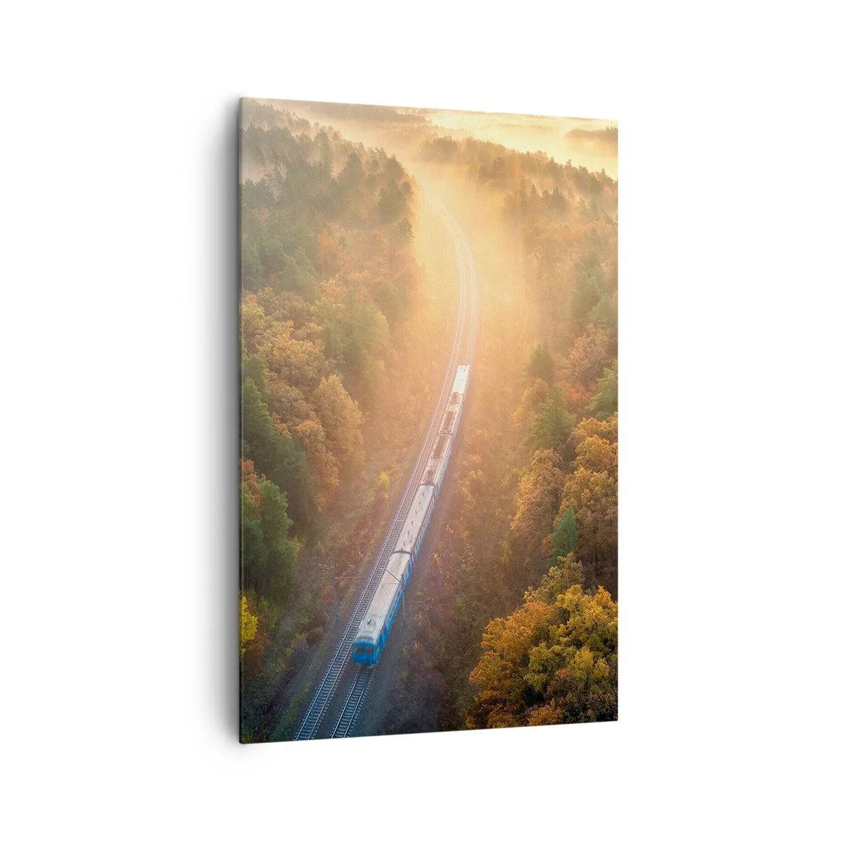 Obraz na płótnie - Pociąg w jesiennym lesie o świcie - 80x120cm - Jesienna podróż - Nowoczesna dekoracja ścienna do salonu i sypialni ARTTOR