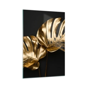 Obraz na szkle - Złote liście monstery na czarnym tle - 70x100cm - Skarby natury - Nowoczesna dekoracja ścienna do salonu i sypialni ARTTOR
