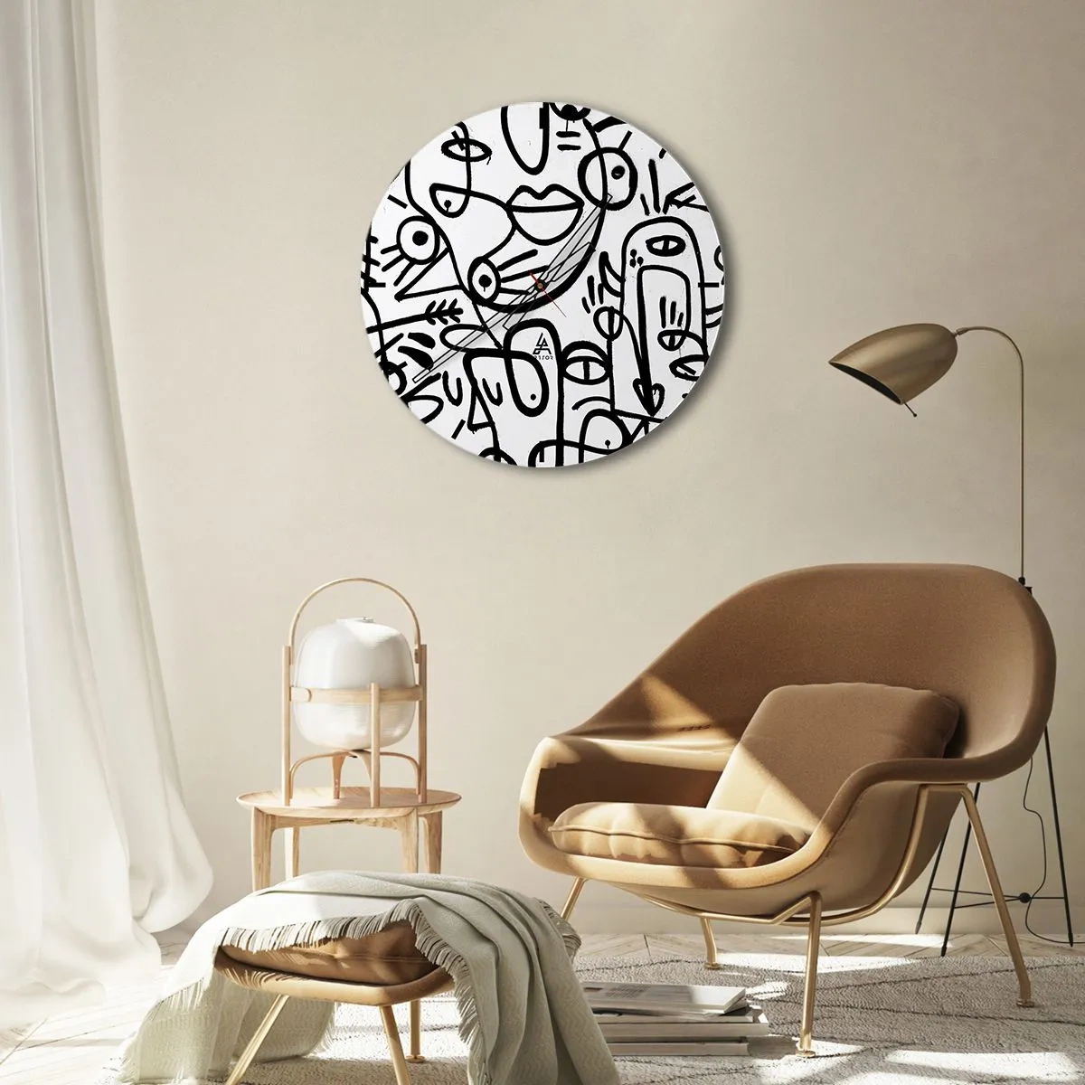 Zegar ścienny - Abstrakcyjne twarze w stylu line art na białym tle - 30x30cm - Twarze i miraże - Nowoczesna dekoracja ścienna do salonu, kuchni i sypialni ARTTOR