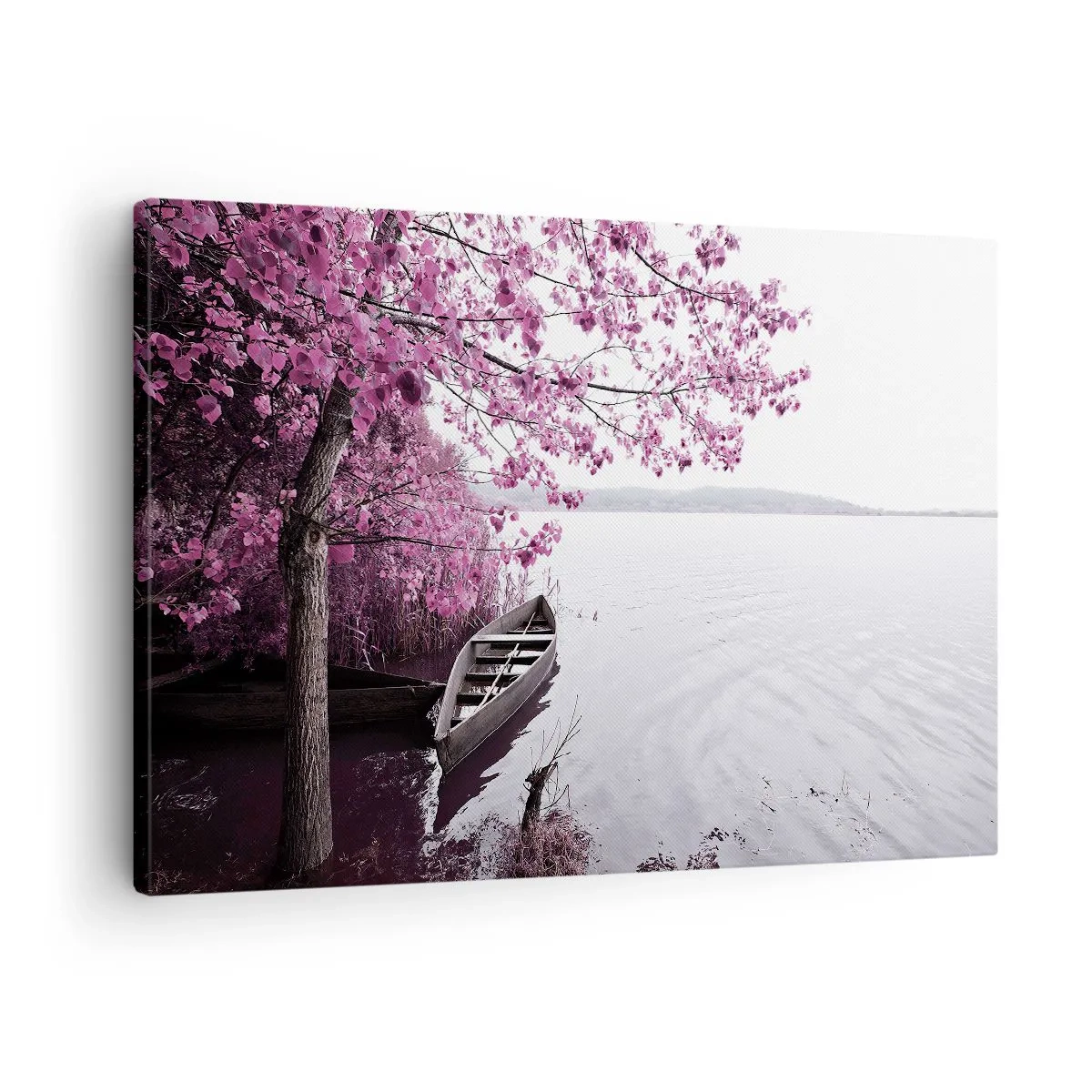 Obraz na płótnie - Łódka przy brzegu jeziora wśród różowych drzew - 70x50cm - W różowej ciszy - Nowoczesna dekoracja ścienna do salonu i sypialni ARTTOR