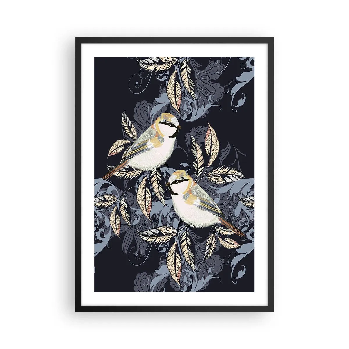Plakat w czarnej ramie - Dwa ptaki na tle ozdobnych liści i ornamentów - 50x70cm - Żółto-błękitny trel - Nowoczesna dekoracja ścienna do salonu i sypialni ARTTOR