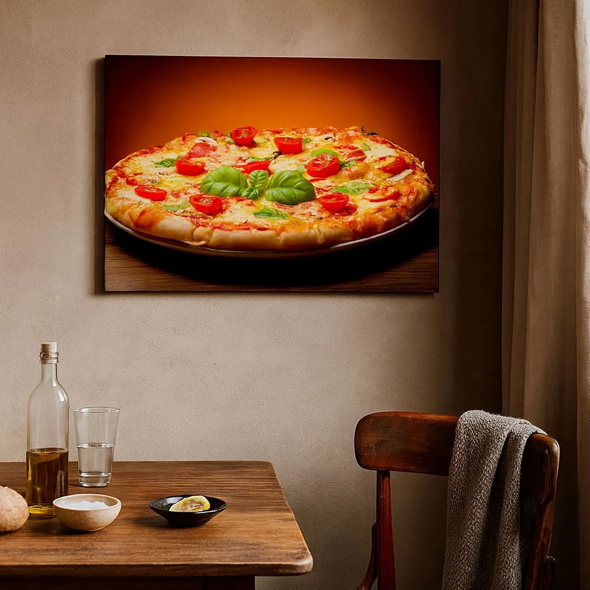 Obraz na płótnie - Pizza z pomidorami i bazylią na drewnianym stole - 70x50cm - Mamma mia! - Nowoczesna dekoracja ścienna do salonu i sypialni ARTTOR