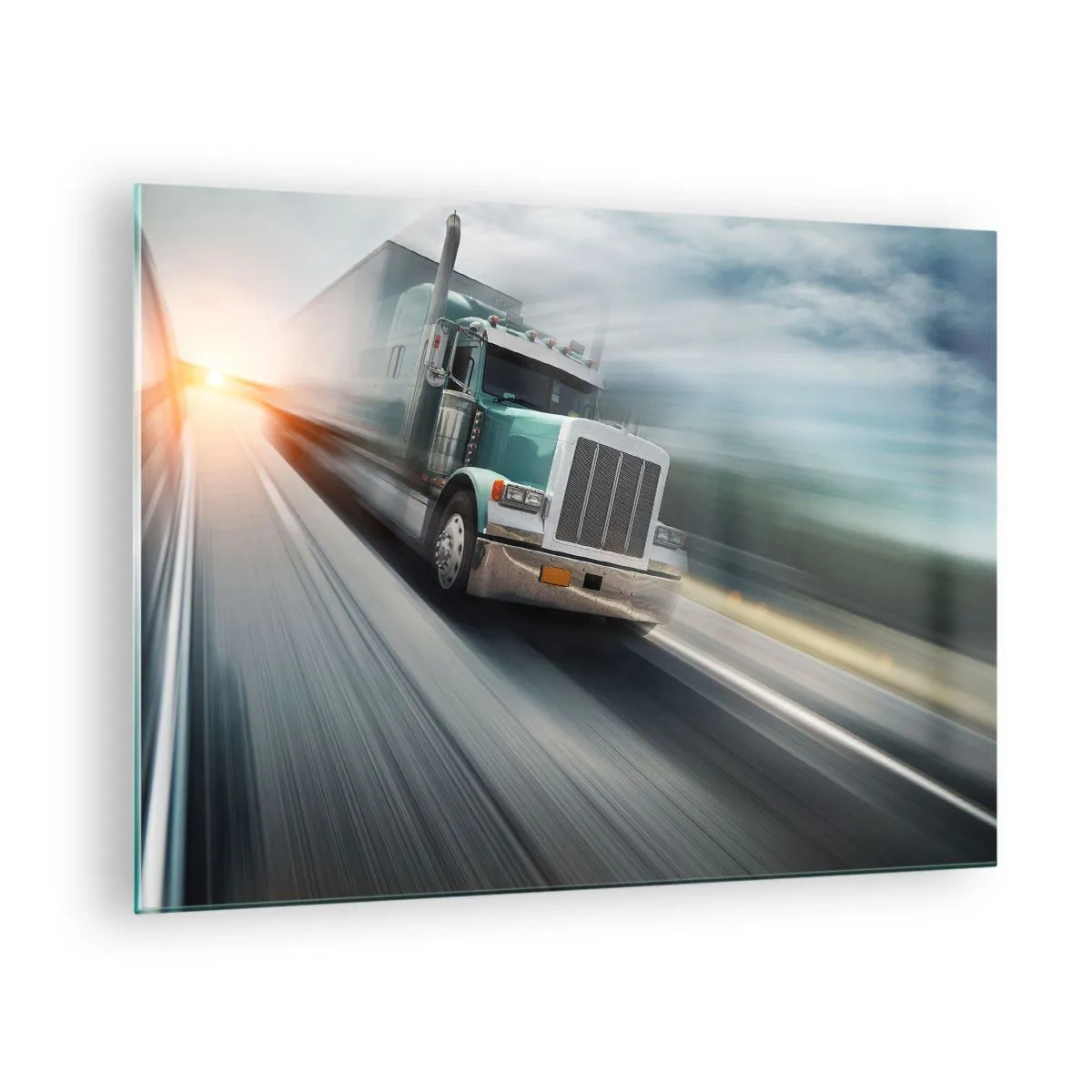 Obraz na szkle - Ciężarówka na autostradzie o zachodzie słońca - 70x50cm - Amerykański olbrzym w pędzie - Nowoczesna dekoracja ścienna do salonu i sypialni ARTTOR