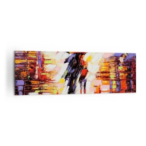 Obraz na płótnie - Abstrakcyjna scena spaceru pod parasolem w deszczową noc - 160x50cm - Razem przez noc i deszcz - Nowoczesna dekoracja ścienna do salonu i sypialni ARTTOR