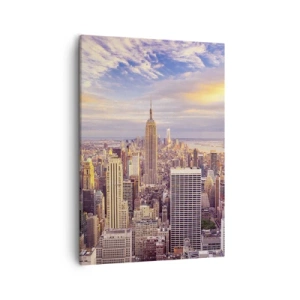 Obraz na płótnie - Panorama nowoczesnego miasta w blasku zachodzącego słońca - 50x70cm - Sięgnąć samych chmur - Nowoczesna dekoracja ścienna do salonu, kuchni i sypialni ARTTOR