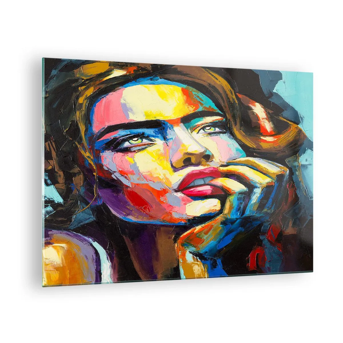 Obraz na szkle - Portret kobiety w intensywnych kolorach abstrakcji - 70x50cm - Marzenia jak ptaki szybują po niebie - Nowoczesna dekoracja ścienna do salonu i sypialni ARTTOR