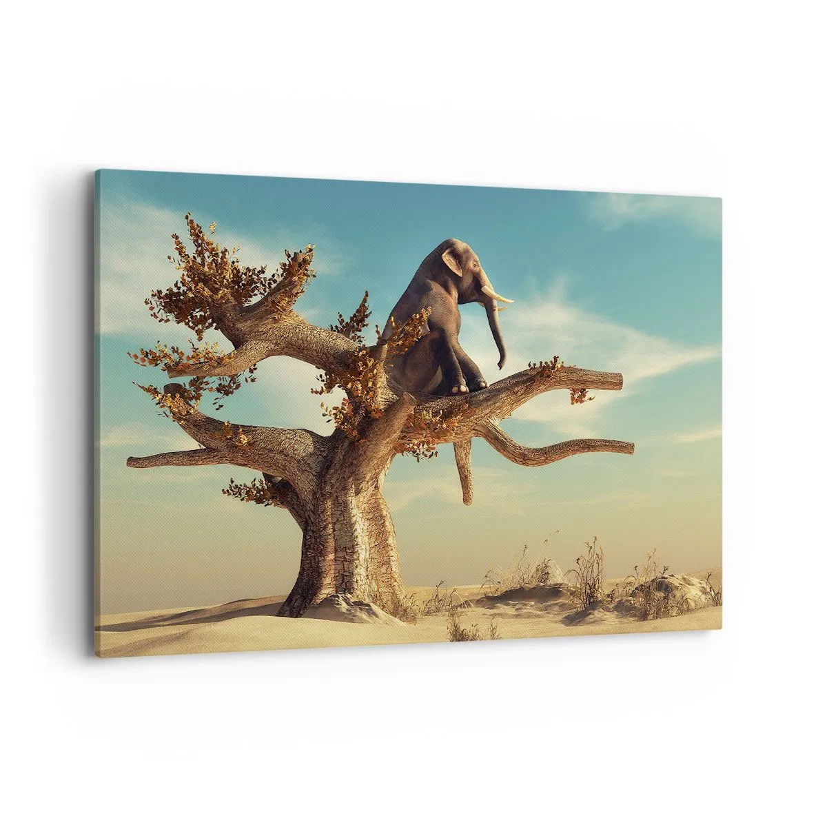 Obraz na płótnie - Siedzący słoń na drzewie w surrealistycznym krajobrazie - 100x70cm - Nowy punkt widzenia - Nowoczesna dekoracja ścienna do salonu, kuchni i sypialni ARTTOR