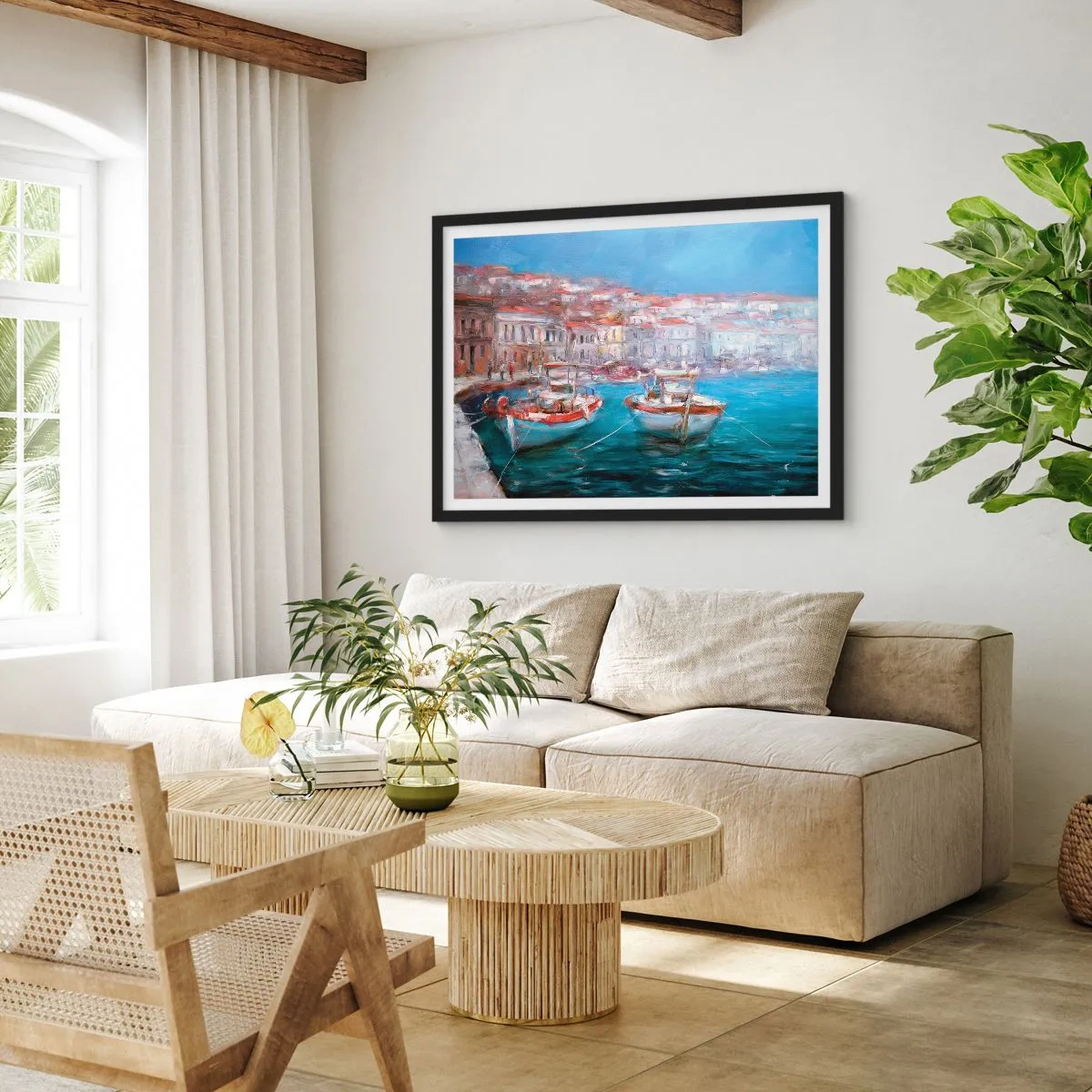 Plakat w czarnej ramie - Łodzie w malowniczej włoskiej zatoce - 70x50cm - Włoska zatoka - Nowoczesna dekoracja ścienna do salonu i sypialni ARTTOR