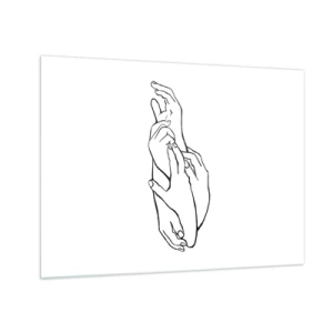 Obraz na szkle - Subtelny linearny rysunek splecionych dłoni na białym tle - 70x50cm - Dobry dotyk - Nowoczesna dekoracja ścienna do salonu i sypialni ARTTOR