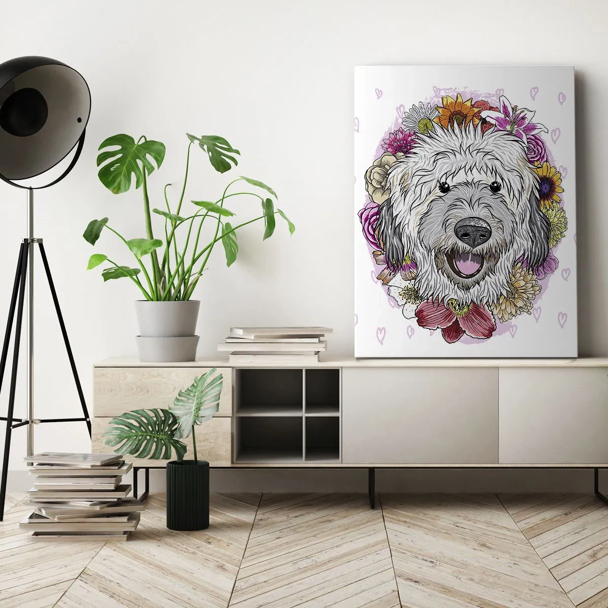 Obraz na płótnie - Portret psa w otoczeniu kolorowych kwiatów w artystycznym stylu - 50x70cm - Szczenięca radość - Nowoczesna dekoracja ścienna do salonu, kuchni i sypialni ARTTOR