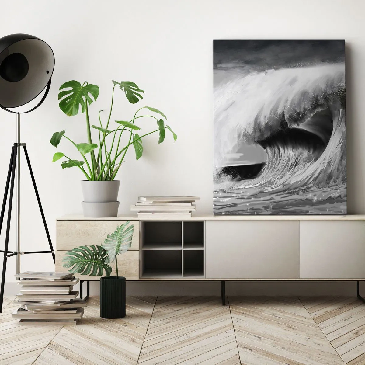 Obraz na płótnie - Potężna fala oceanu w odcieniach szarości - 50x70cm - Gniew oceanu - Nowoczesna dekoracja ścienna do salonu, kuchni i sypialni ARTTOR