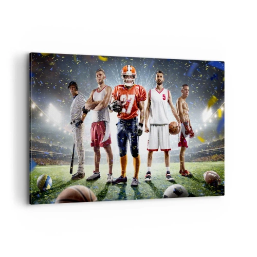 Obraz na płótnie - Dynamiczna scena sportowców różnych dyscyplin na stadionie w świetle reflektorów - 120x80cm - Gladiatorzy boisk - Nowoczesna dekoracja ścienna do salonu, kuchni i sypialni ARTTOR